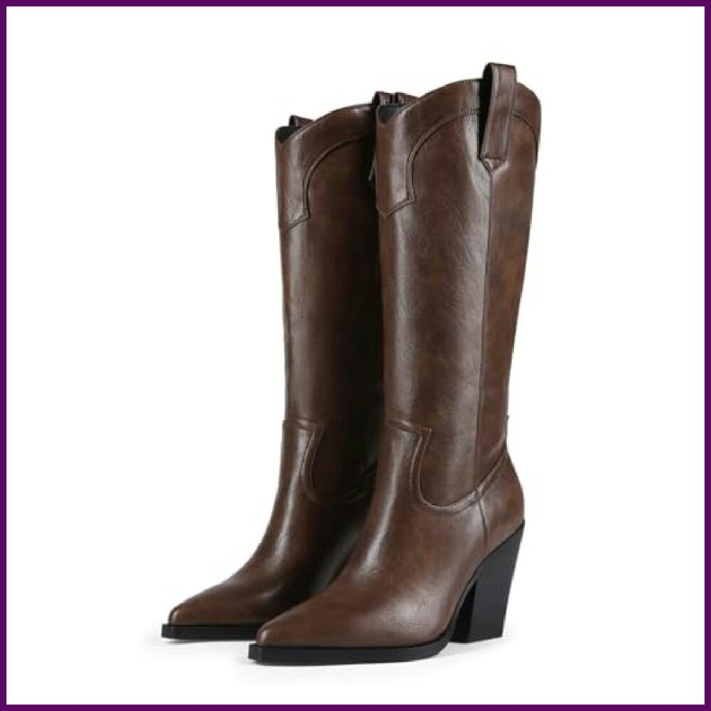 Women's Knee High Cowboy Boots Pointed Toe Chunky Heel Leather Wide Calf - Picture 2 of 8